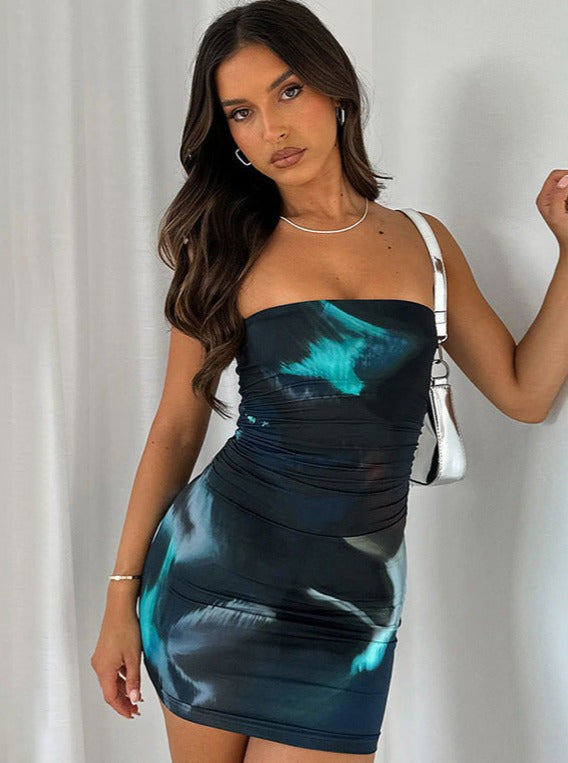 Abstracte bedrukte mini-jurk-Zomer Jurken-Calora-Blauw-S-Calora