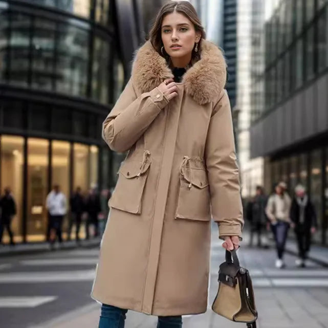 Adelina | Winterjas met lange parka voor dames met bontkraag-Zomer Jassen-Calora-Khaki-S-Calora