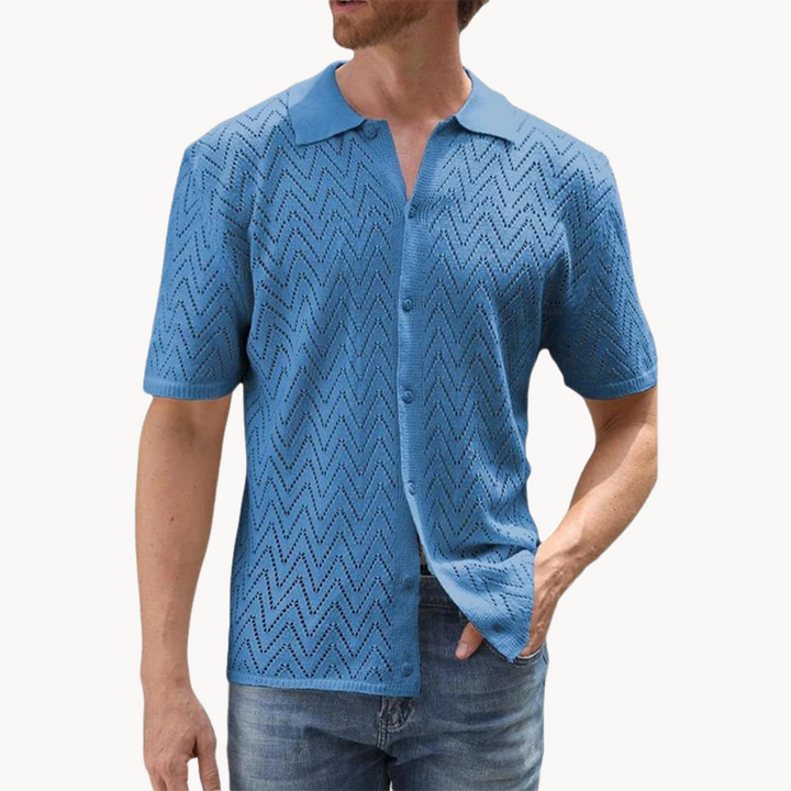 Ademend Gebreid Overhemd Met Knoopsluiting Voor Mannen-Overhemden-Calora-Blauw-S-Calora