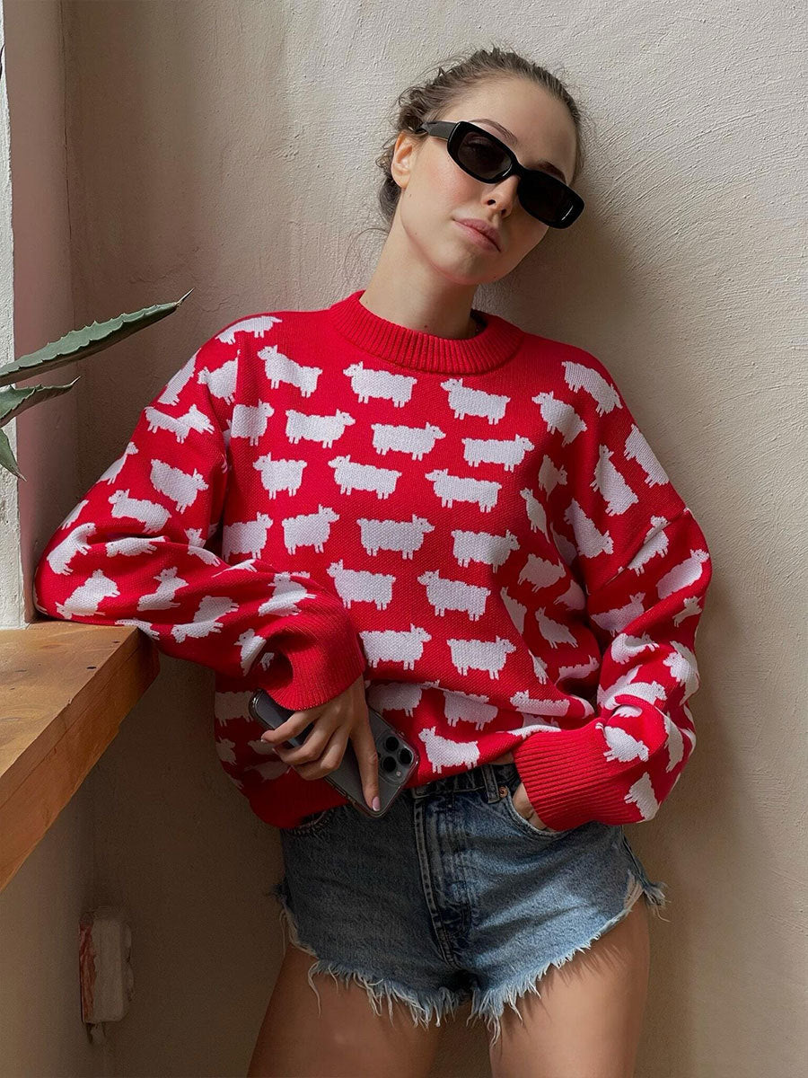 CALORA_ Alpacaprint Ronde Hals Losse Casual Trui voor Dames