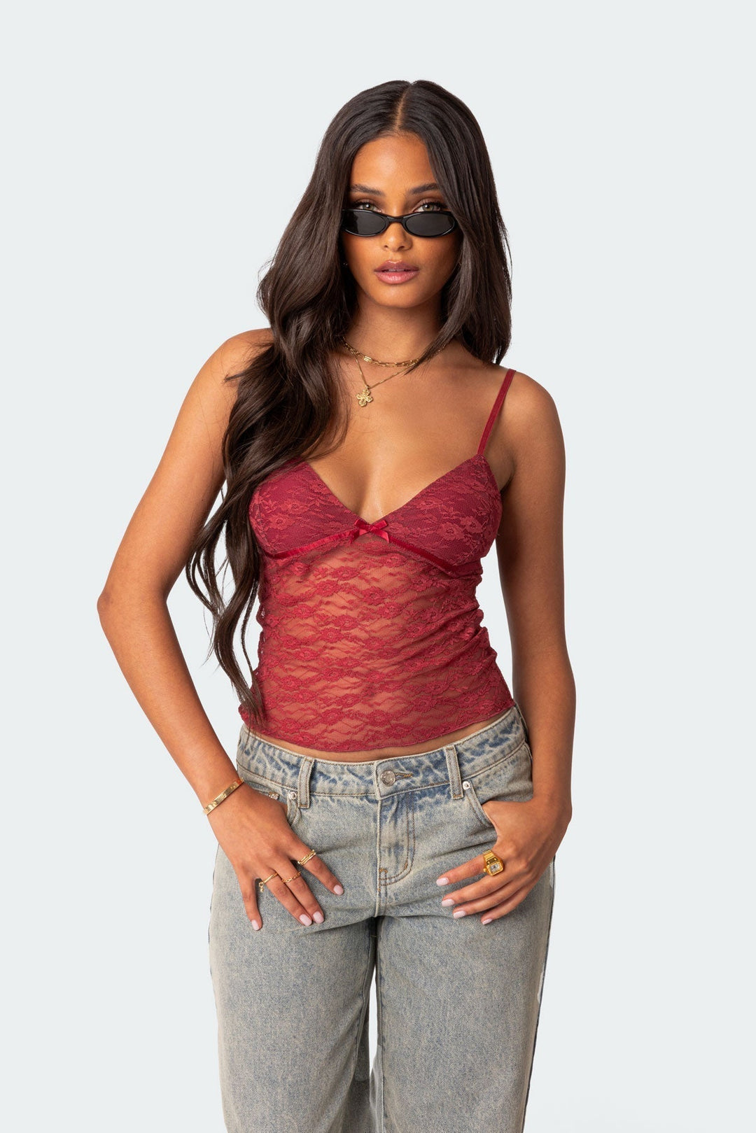 Amara | Transparante top met kant-Blouses-Calora-Rood-S-Calora