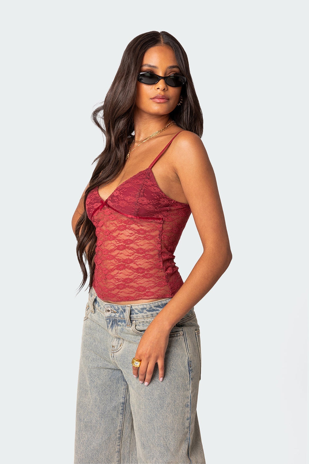 Amara | Transparante top met kant-Blouses-Calora-Rood-S-Calora