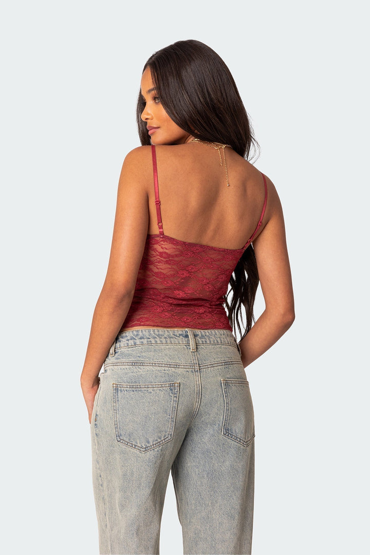 Amara | Transparante top met kant-Blouses-Calora-Rood-S-Calora