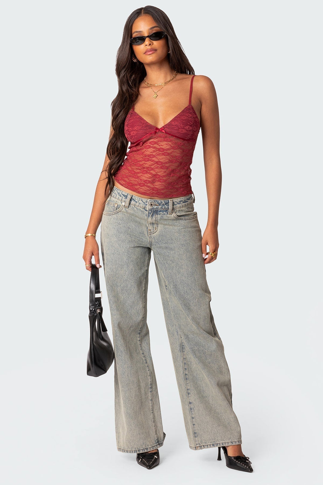 Amara | Transparante top met kant-Blouses-Calora-Rood-S-Calora