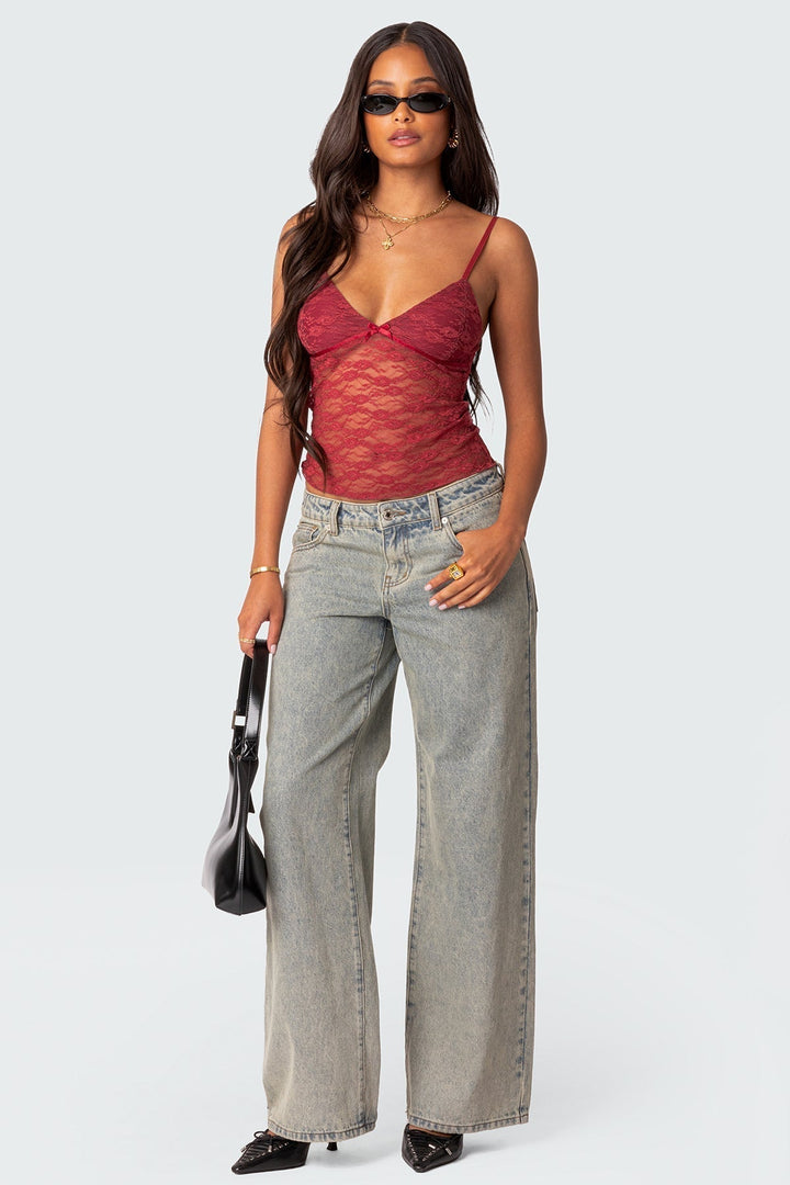 Amara | Transparante top met kant-Blouses-Calora-Rood-S-Calora