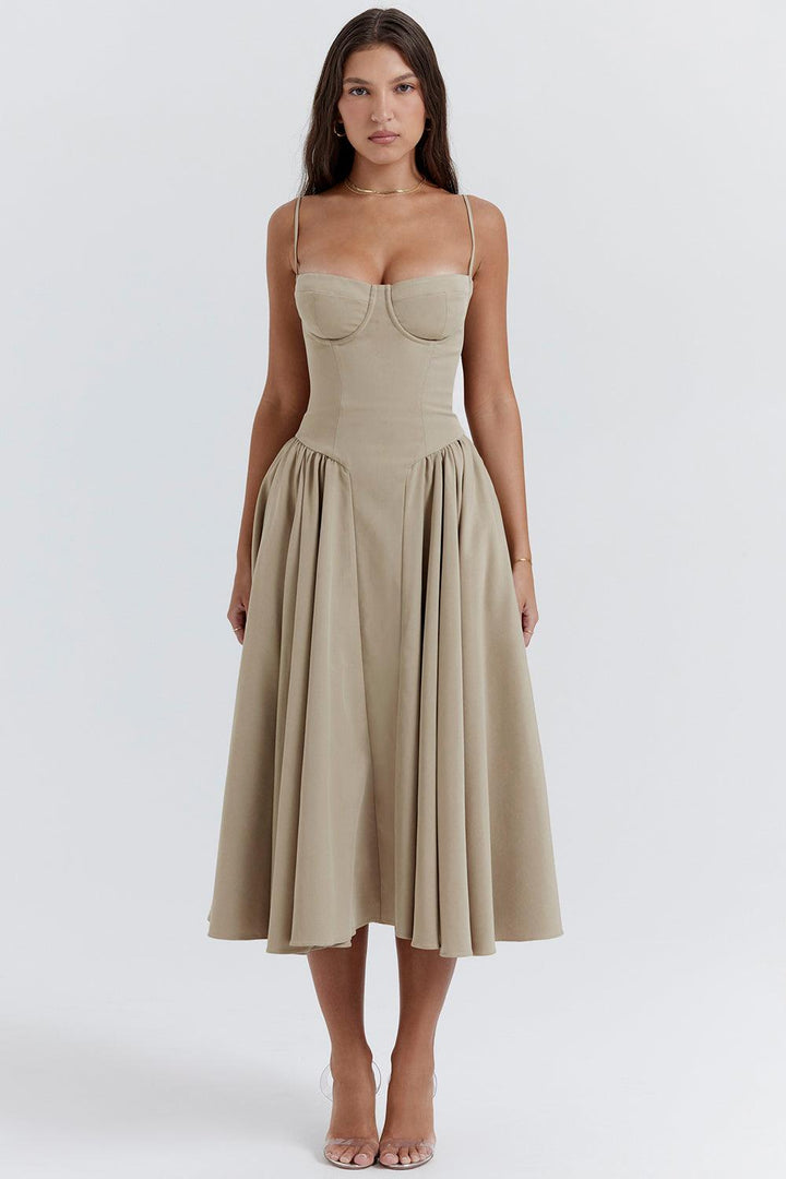 Amaya | Elegante Twill Korset Midi Jurk-Feest Jurken-Calora-Donkergroen-XS-Calora