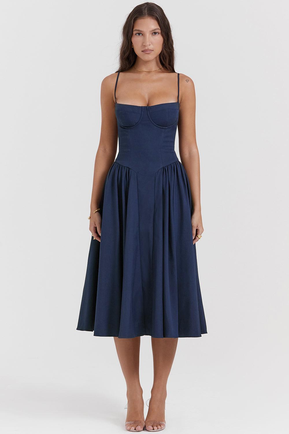 Amaya | Elegante Twill Korset Midi Jurk-Feest Jurken-Calora-Marineblauw-XS-Calora