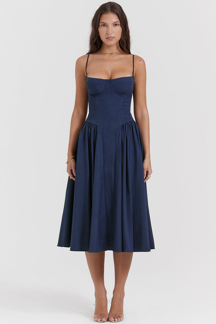 Amaya | Elegante Twill Korset Midi Jurk-Feest Jurken-Calora-Marineblauw-XS-Calora