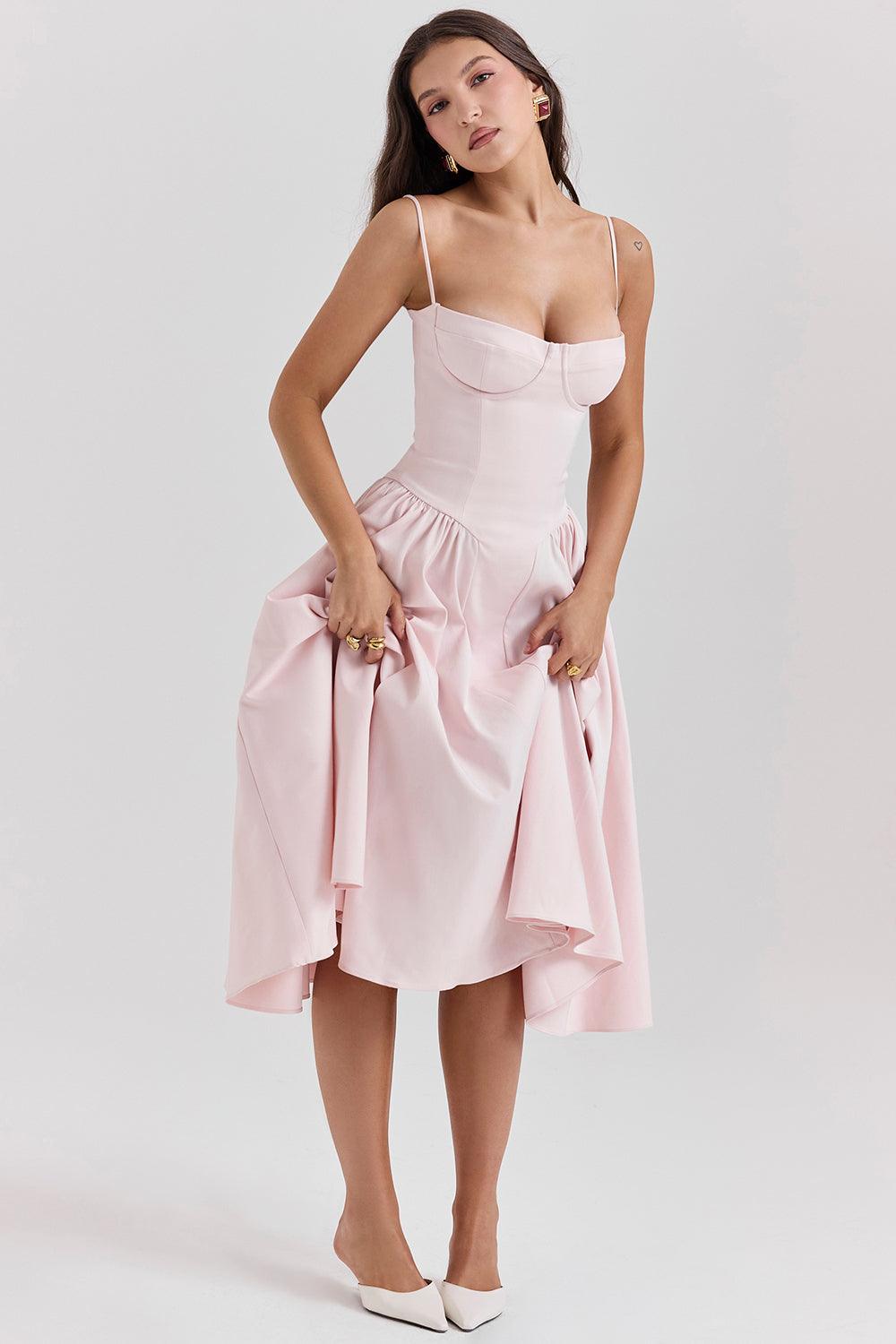 Amaya | Elegante Twill Korset Midi Jurk-Feest Jurken-Calora-Roze-XS-Calora