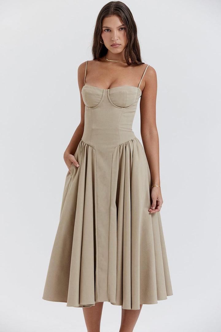 Amaya | Elegante Twill Korset Midi Jurk-Feest Jurken-Calora-Roze-XS-Calora