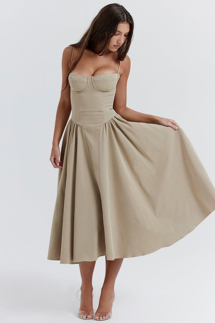Amaya | Elegante Twill Korset Midi Jurk-Feest Jurken-Calora-Roze-XS-Calora