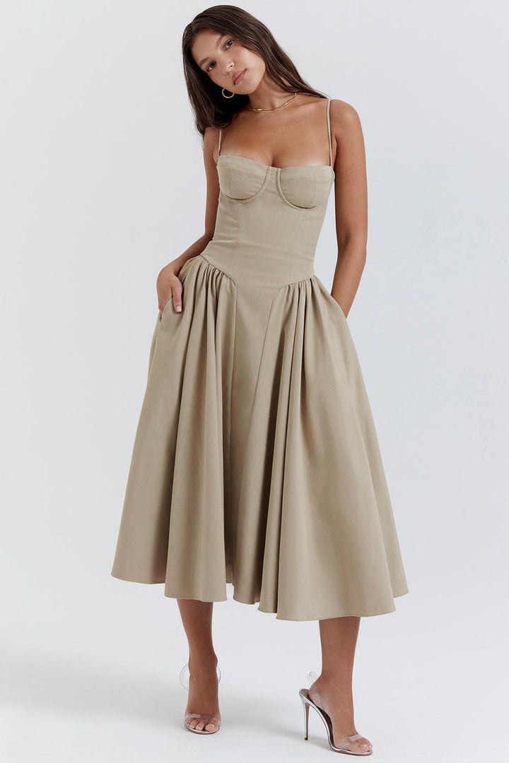 Amaya | Elegante Twill Korset Midi Jurk-Feest Jurken-Calora-Roze-XS-Calora