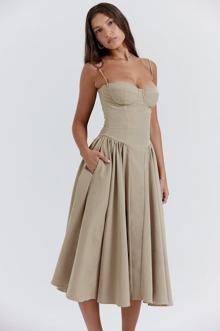 Amaya | Elegante Twill Korset Midi Jurk-Feest Jurken-Calora-Roze-XS-Calora