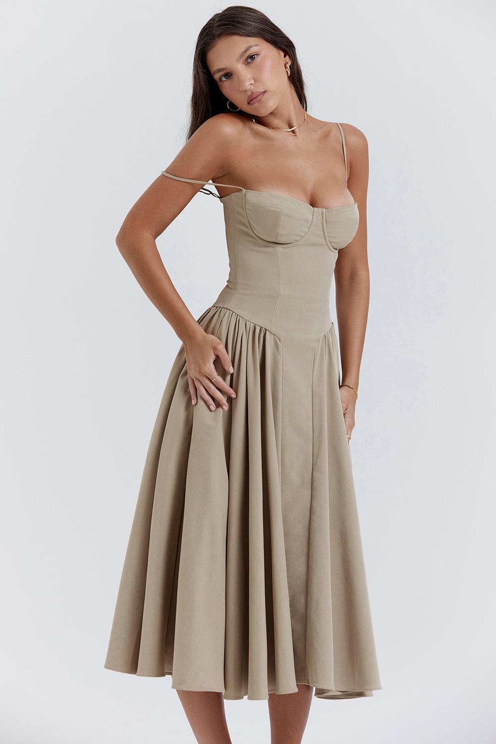 Amaya | Elegante Twill Korset Midi Jurk-Feest Jurken-Calora-Roze-XS-Calora