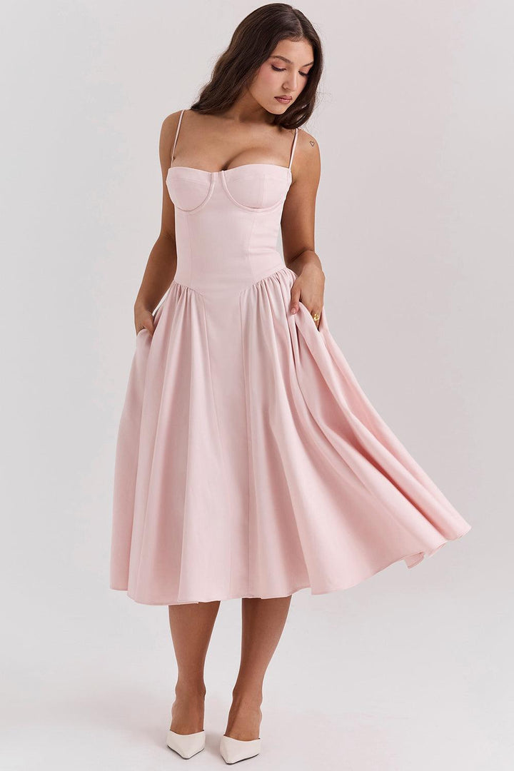 Amaya | Elegante Twill Korset Midi Jurk-Feest Jurken-Calora-Roze-XS-Calora
