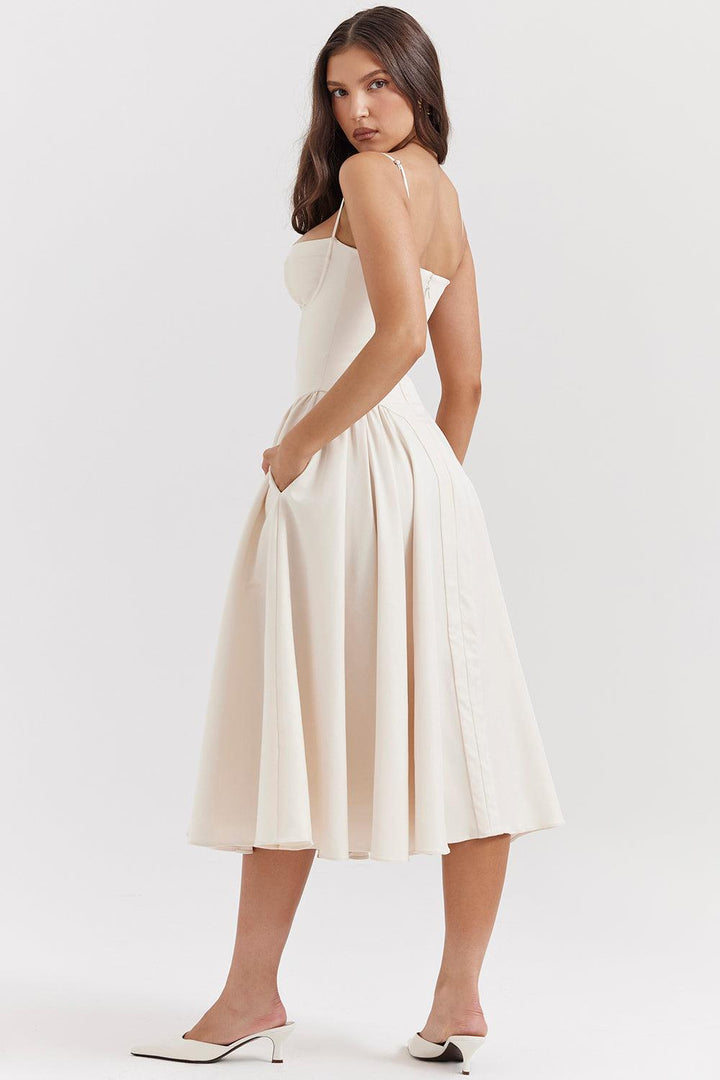 Amaya | Elegante Twill Korset Midi Jurk-Feest Jurken-Calora-Roze-XS-Calora