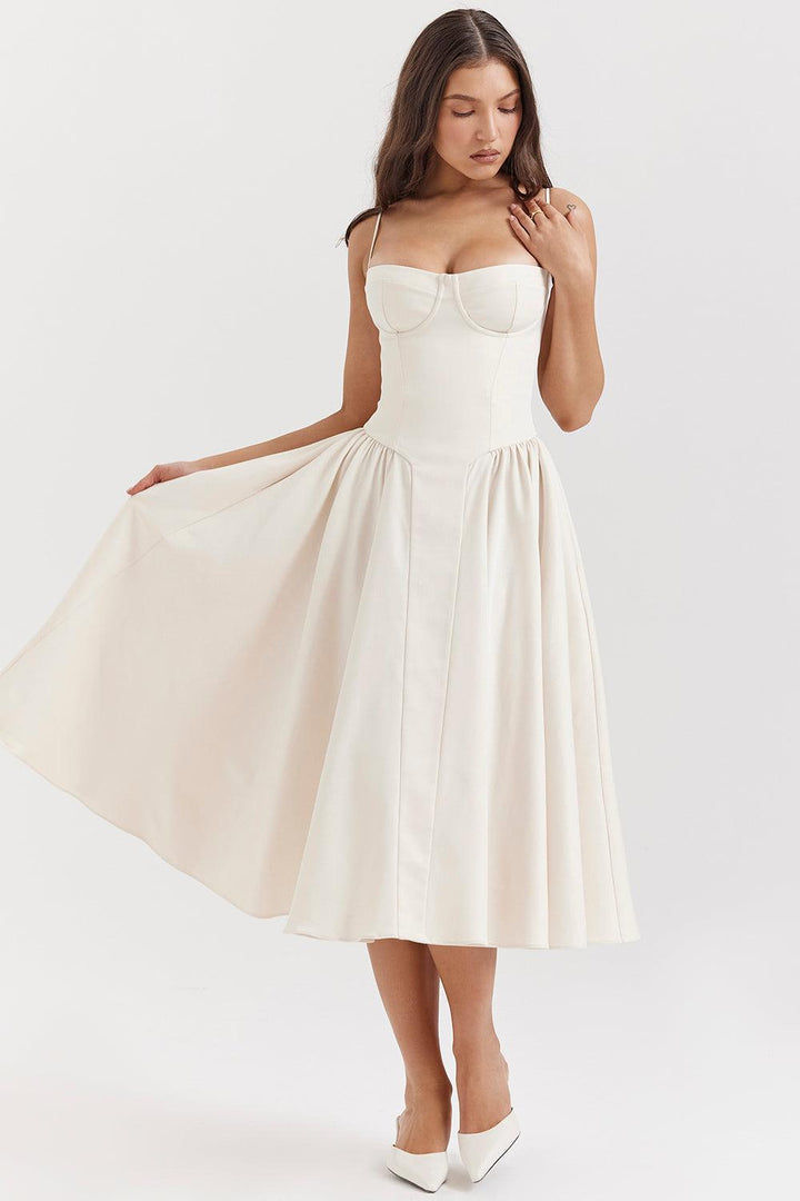 Amaya | Elegante Twill Korset Midi Jurk-Feest Jurken-Calora-Roze-XS-Calora