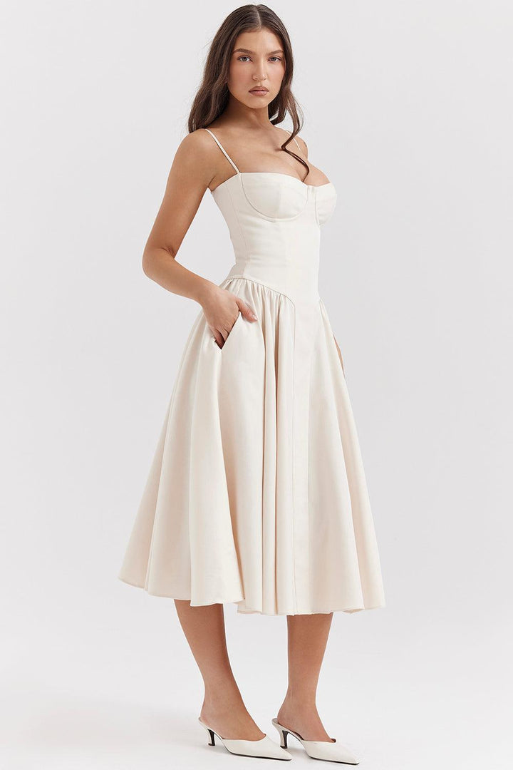 Amaya | Elegante Twill Korset Midi Jurk-Feest Jurken-Calora-Roze-XS-Calora