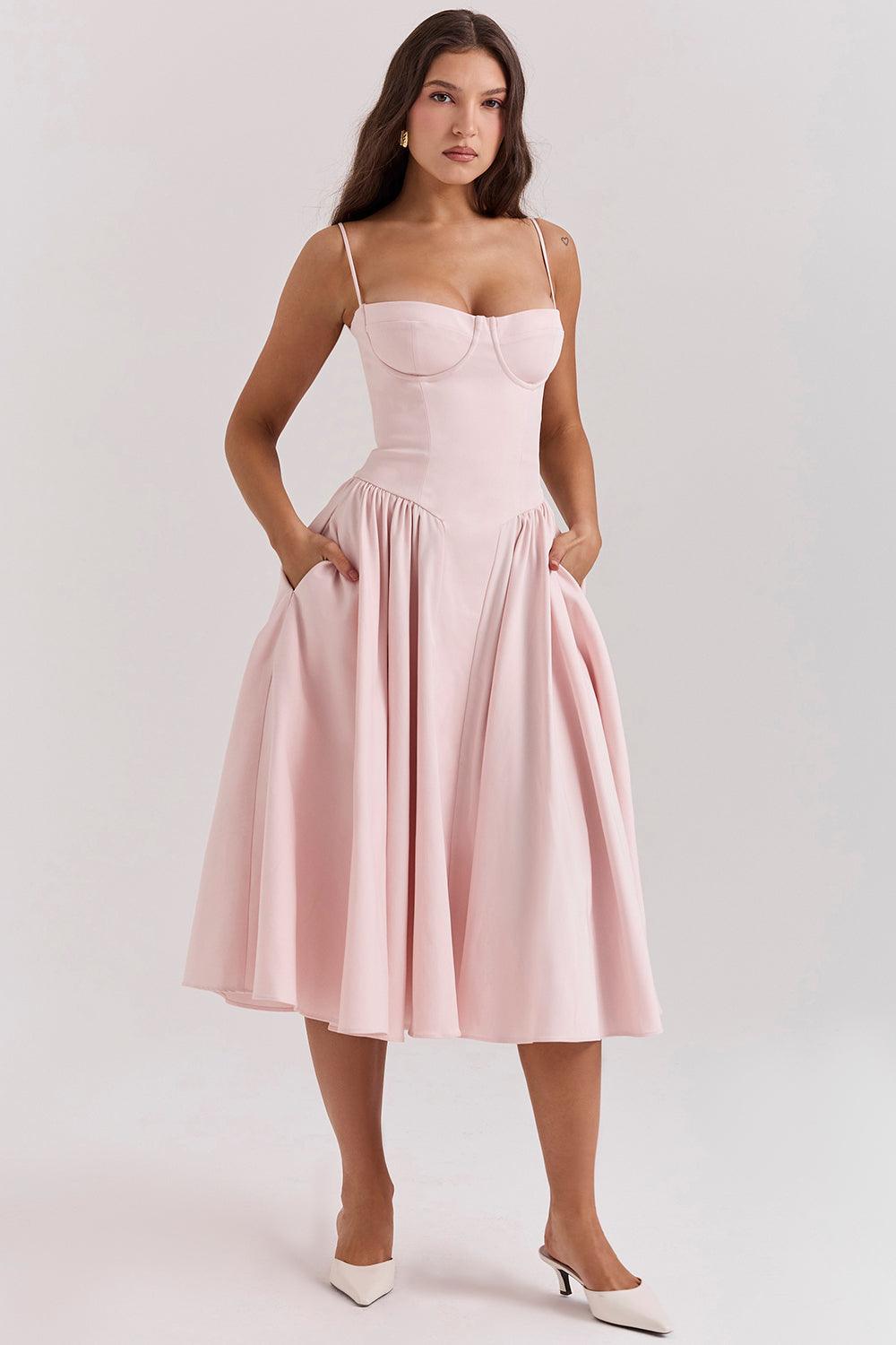 Amaya | Elegante Twill Korset Midi Jurk-Feest Jurken-Calora-Roze-XS-Calora