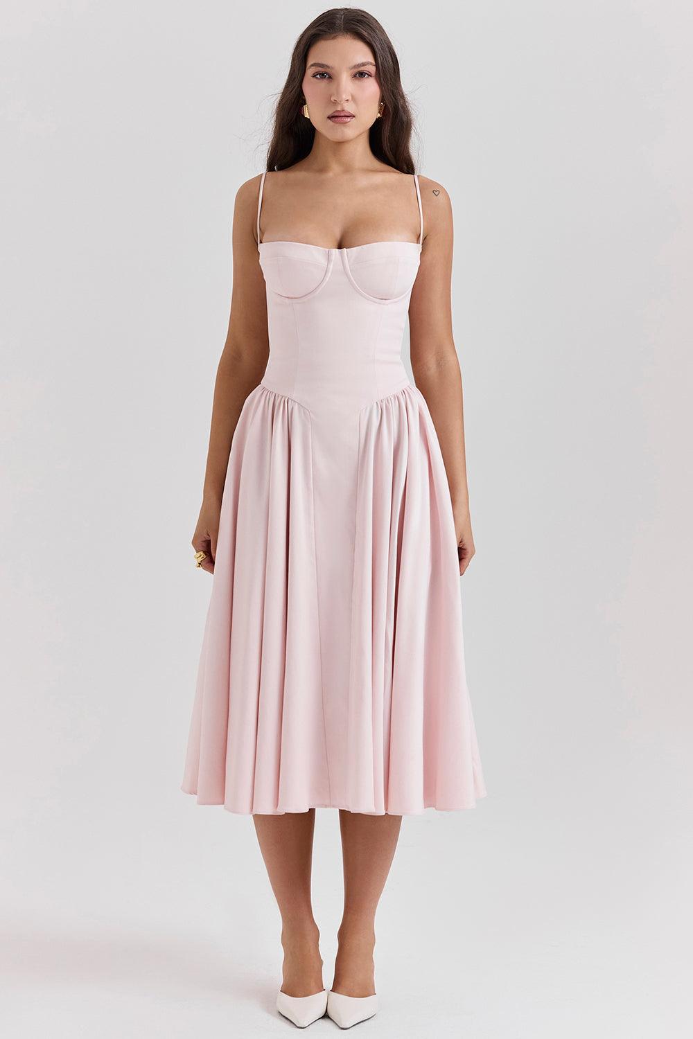 Amaya | Elegante Twill Korset Midi Jurk-Feest Jurken-Calora-Roze-XS-Calora
