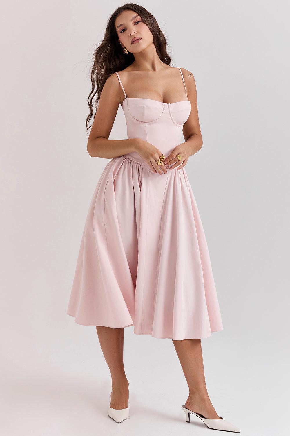 Amaya | Elegante Twill Korset Midi Jurk-Feest Jurken-Calora-Roze-XS-Calora