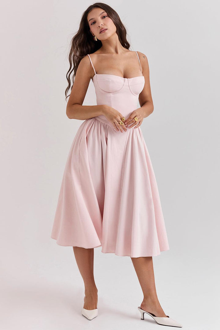 Amaya | Elegante Twill Korset Midi Jurk-Feest Jurken-Calora-Roze-XS-Calora