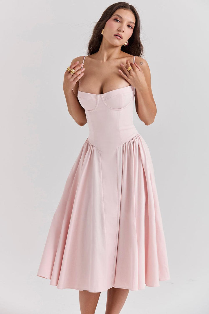 Amaya | Elegante Twill Korset Midi Jurk-Feest Jurken-Calora-Roze-XS-Calora