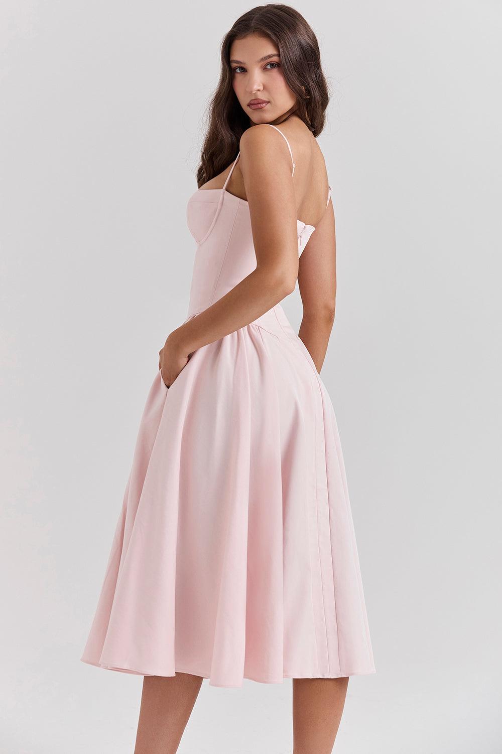 Amaya | Elegante Twill Korset Midi Jurk-Feest Jurken-Calora-Roze-XS-Calora