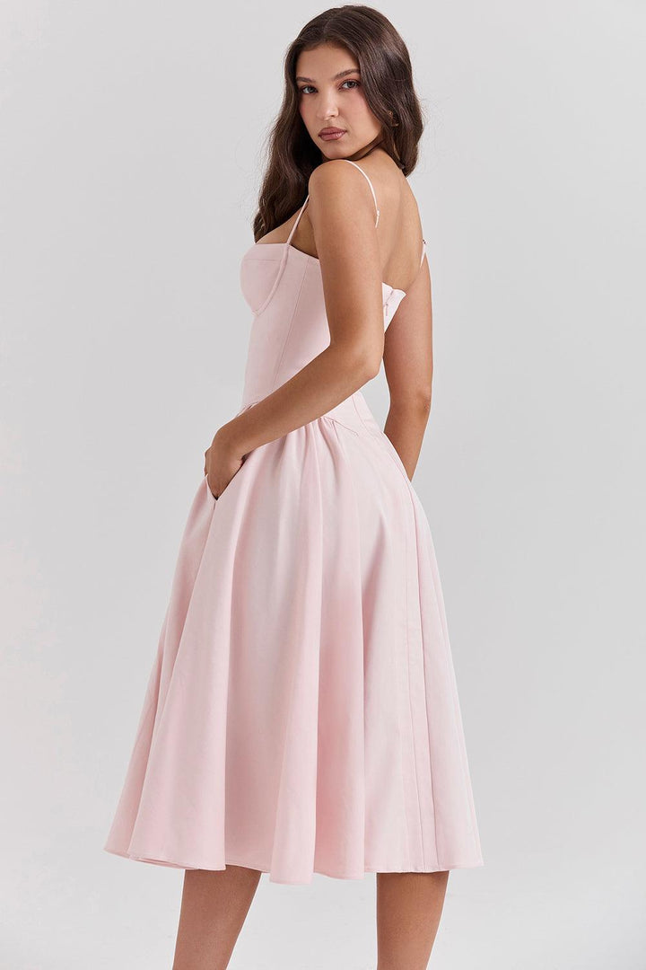 Amaya | Elegante Twill Korset Midi Jurk-Feest Jurken-Calora-Roze-XS-Calora