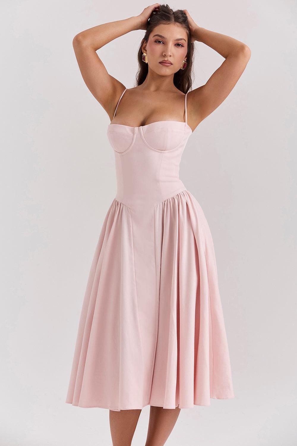 Amaya | Elegante Twill Korset Midi Jurk-Feest Jurken-Calora-Roze-XS-Calora