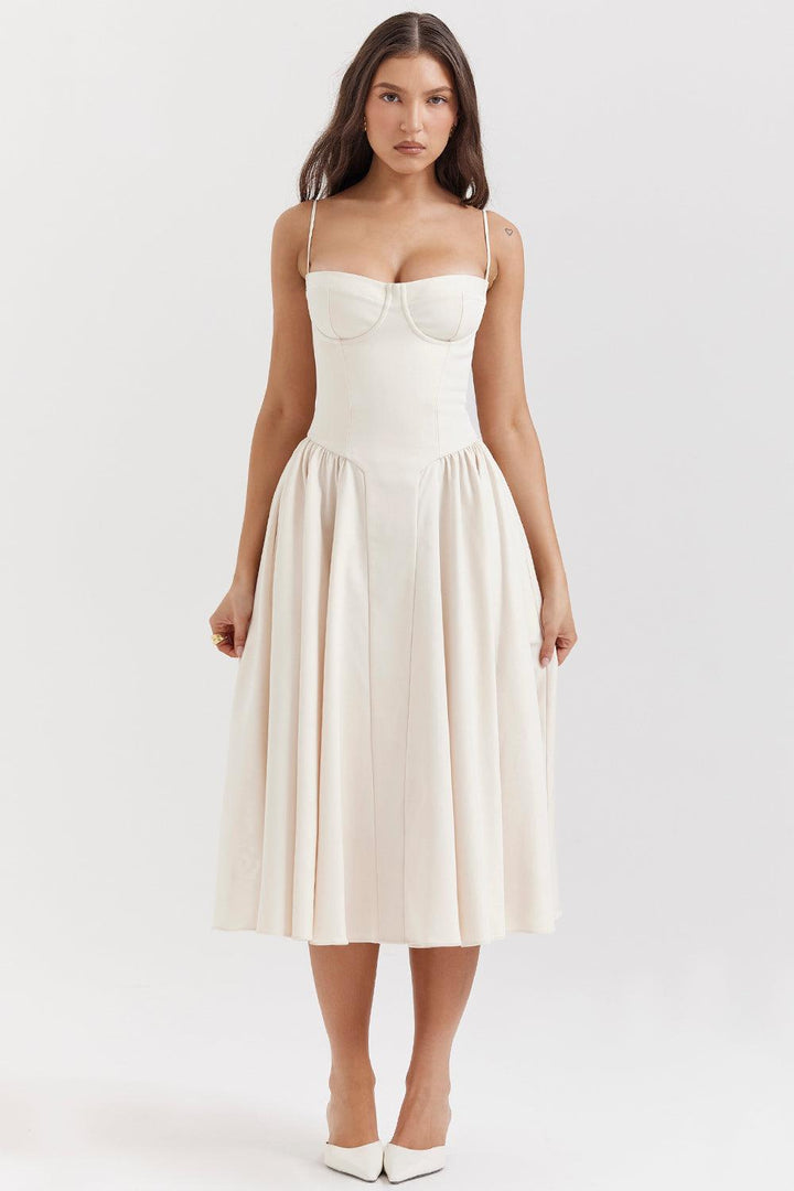 Amaya | Elegante Twill Korset Midi Jurk-Feest Jurken-Calora-Wit-XS-Calora