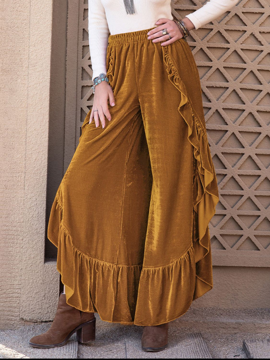 Amelia - Wijde Dames Rok met split en plooien-Wijde Broeken-Calora-Karamel-S-Calora