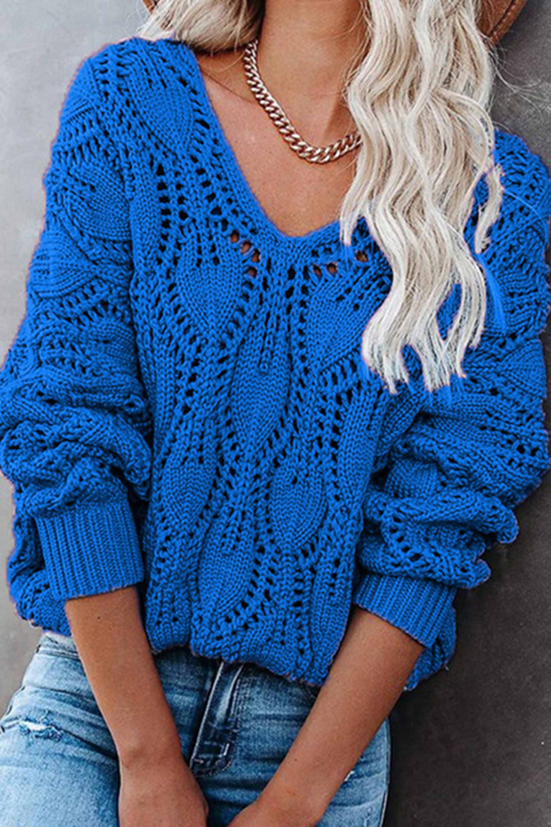 Amilde - v-hals uitgehold gebreide trui-Blazers & Vesten-Calora-Blauw-S-Calora