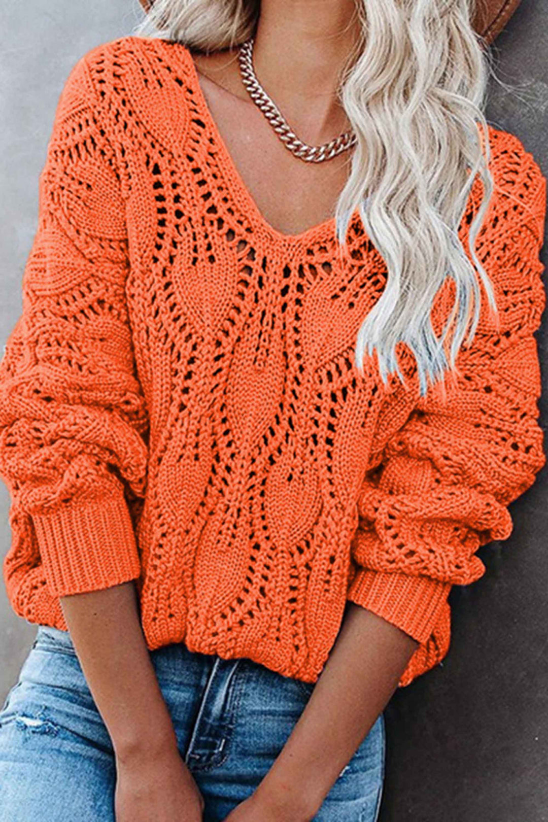 Amilde - v-hals uitgehold gebreide trui-Blazers & Vesten-Calora-Oranje-S-Calora