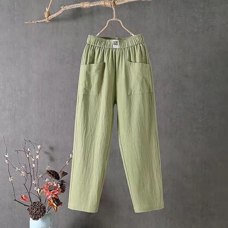Amorissa | Casual Katoen Linnen Broek-Wijde Broeken-Calora-Groen-M-Calora