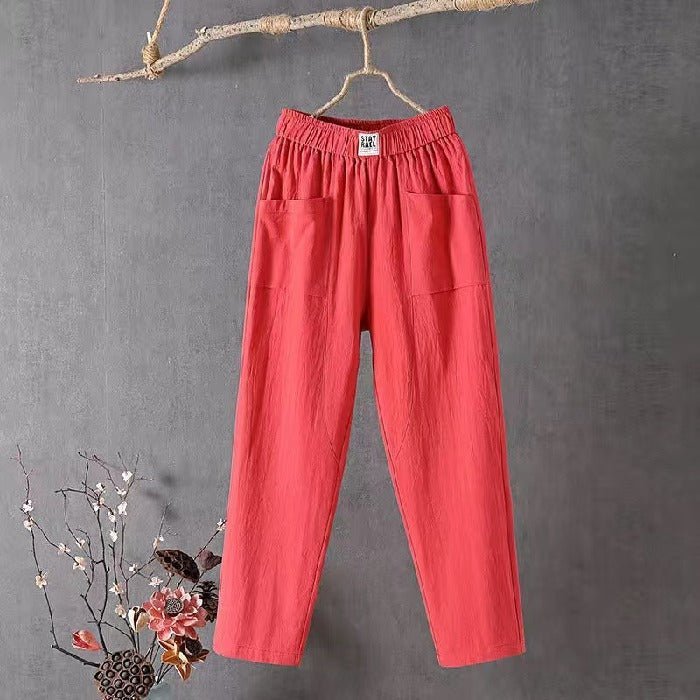 Amorissa | Casual Katoen Linnen Broek-Wijde Broeken-Calora-Rood-M-Calora
