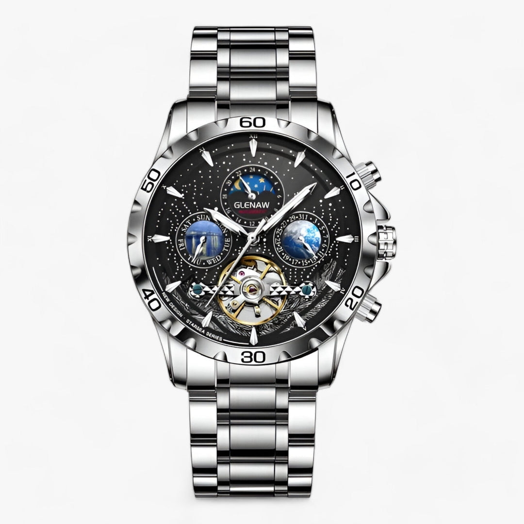 Astrum | Mechanisch Horloge met Sterrenhemel, Maanfases en Skelet-Tourbillon-Horloges-Calora-Zilver Zwart-Calora
