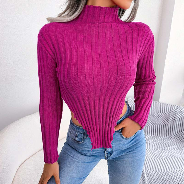 Asymmetrische gebreide trui met lange mouwen en halfhoge kraag-Blazers & Vesten-Calora-Paars-S-Calora