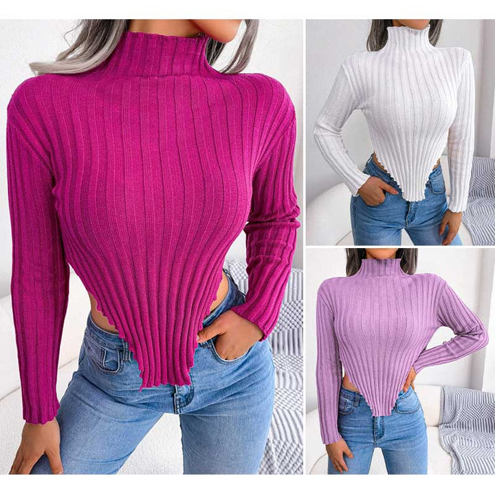 Asymmetrische gebreide trui met lange mouwen en halfhoge kraag-Blazers & Vesten-Calora-Roze-S-Calora