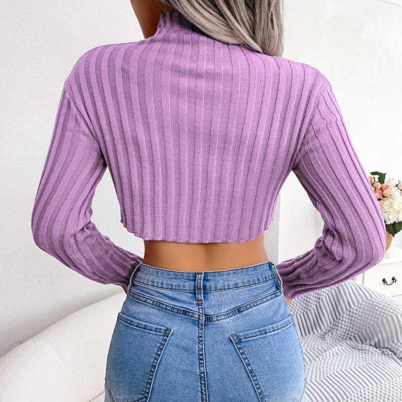 Asymmetrische gebreide trui met lange mouwen en halfhoge kraag-Blazers & Vesten-Calora-Roze-S-Calora