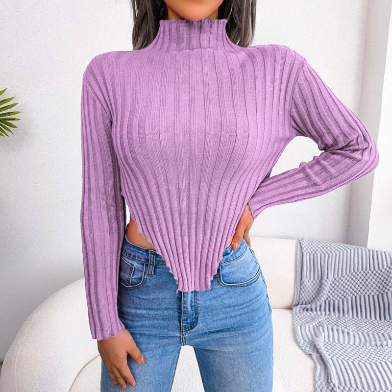 Asymmetrische gebreide trui met lange mouwen en halfhoge kraag-Blazers & Vesten-Calora-Roze-S-Calora