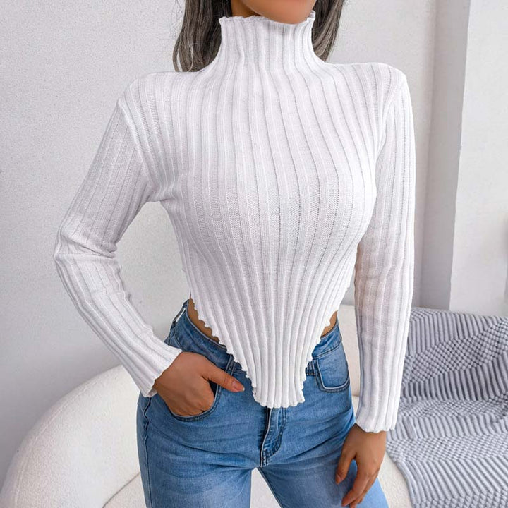 Asymmetrische gebreide trui met lange mouwen en halfhoge kraag-Blazers & Vesten-Calora-Wit-S-Calora