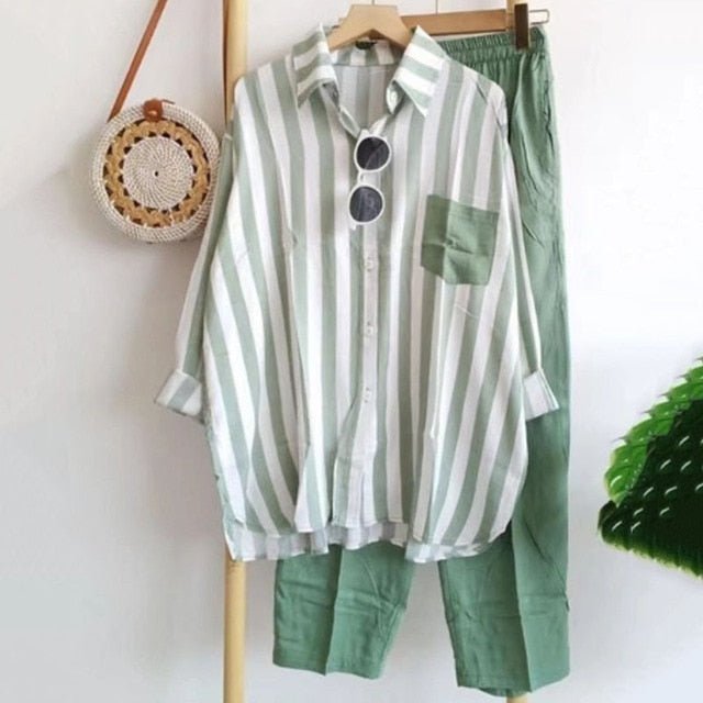 Auranova | Gestreepte Casual Dames Set-Sets & Pakken-Calora-Groen-S-Calora