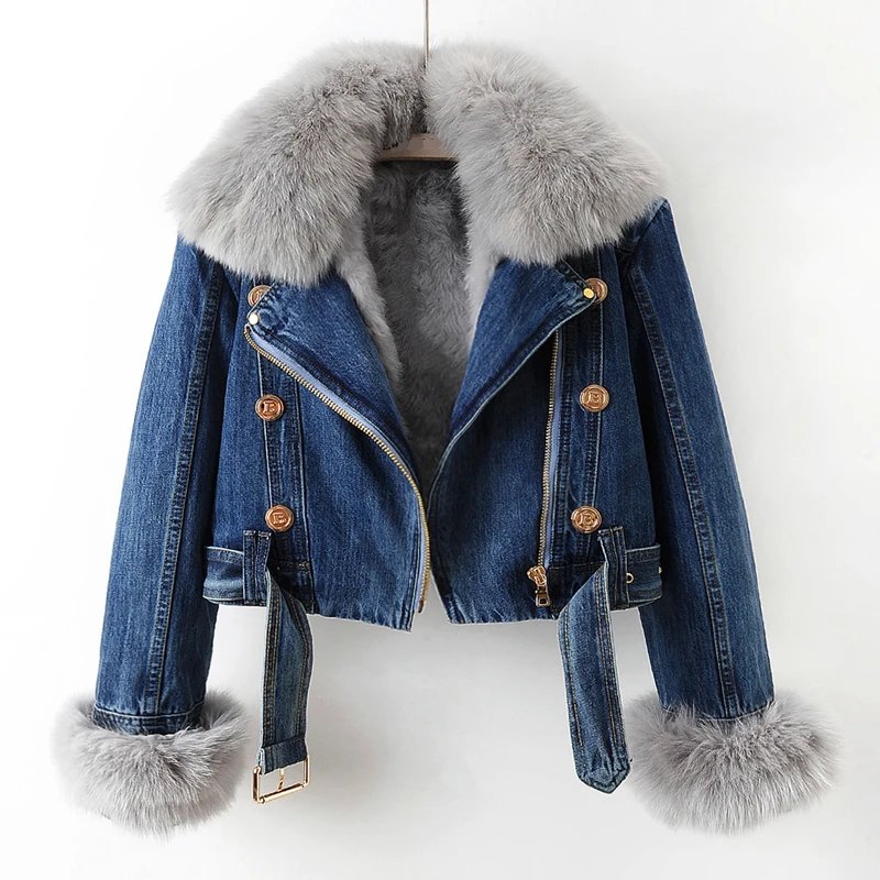 Aya | Denim Winter Jas met Bontkraag-Zomer Jassen-Calora-Donkerblauw-XS-Calora