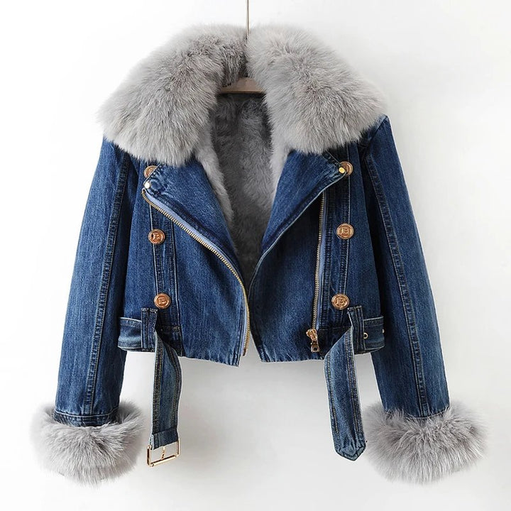 Aya | Denim Winter Jas met Bontkraag-Zomer Jassen-Calora-Donkerblauw-XS-Calora
