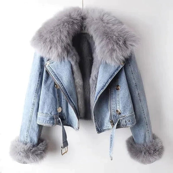 Aya | Denim Winter Jas met Bontkraag-Zomer Jassen-Calora-Lichtblauw-XS-Calora