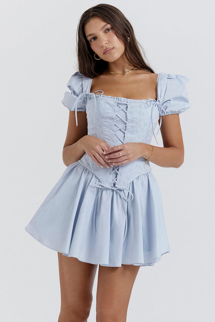 Azucena | Zachte blauwe broderie korset mini Jurk-Feest Jurken-Calora-XS-Calora