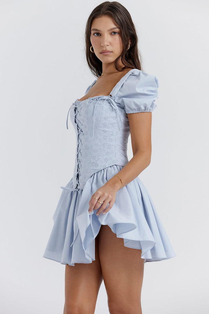 Azucena | Zachte blauwe broderie korset mini Jurk-Feest Jurken-Calora-XS-Calora