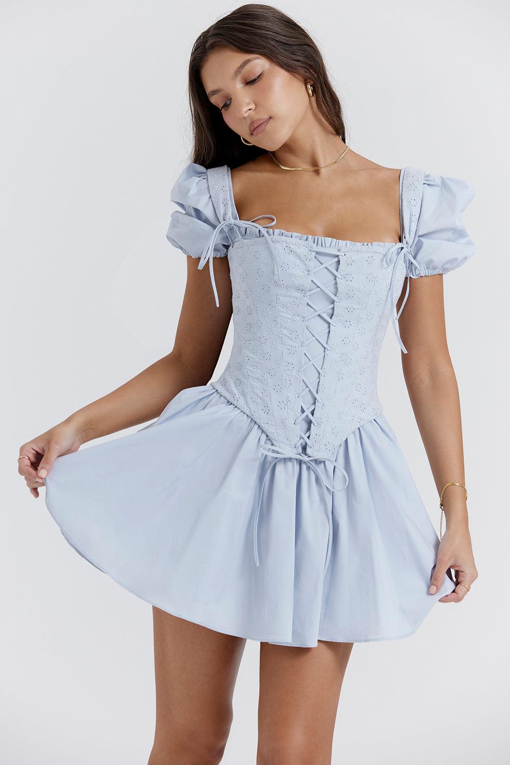 Azucena | Zachte blauwe broderie korset mini Jurk-Feest Jurken-Calora-XS-Calora