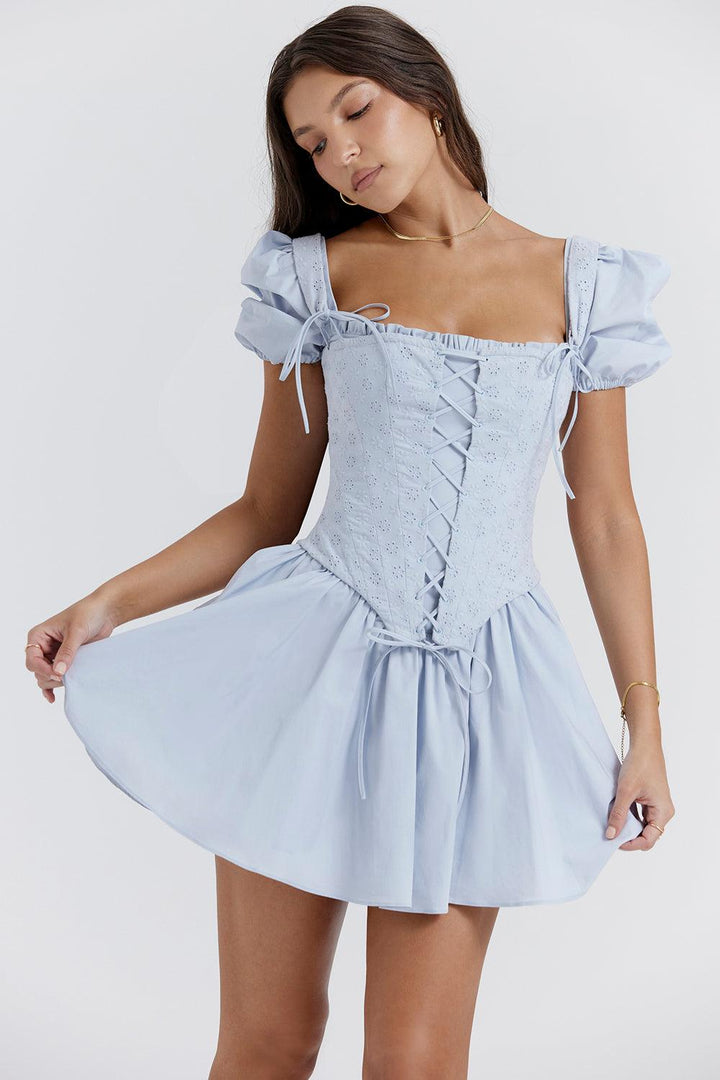 Azucena | Zachte blauwe broderie korset mini Jurk-Feest Jurken-Calora-XS-Calora